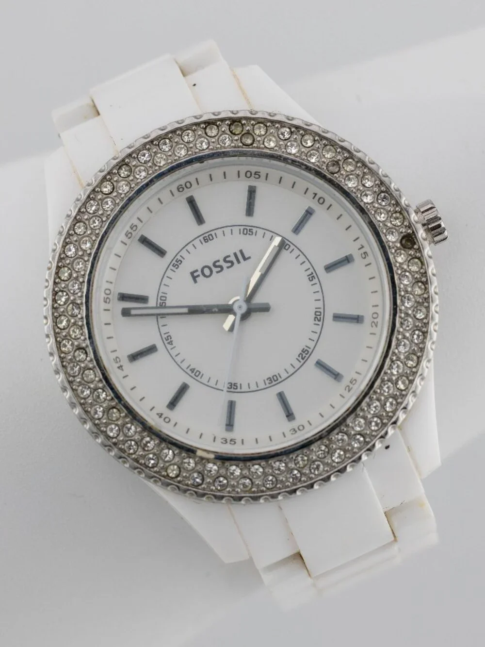 FOSSIL ES-2444 Stella Glitz White Resin Quartz Analog Women's Watch New Battery